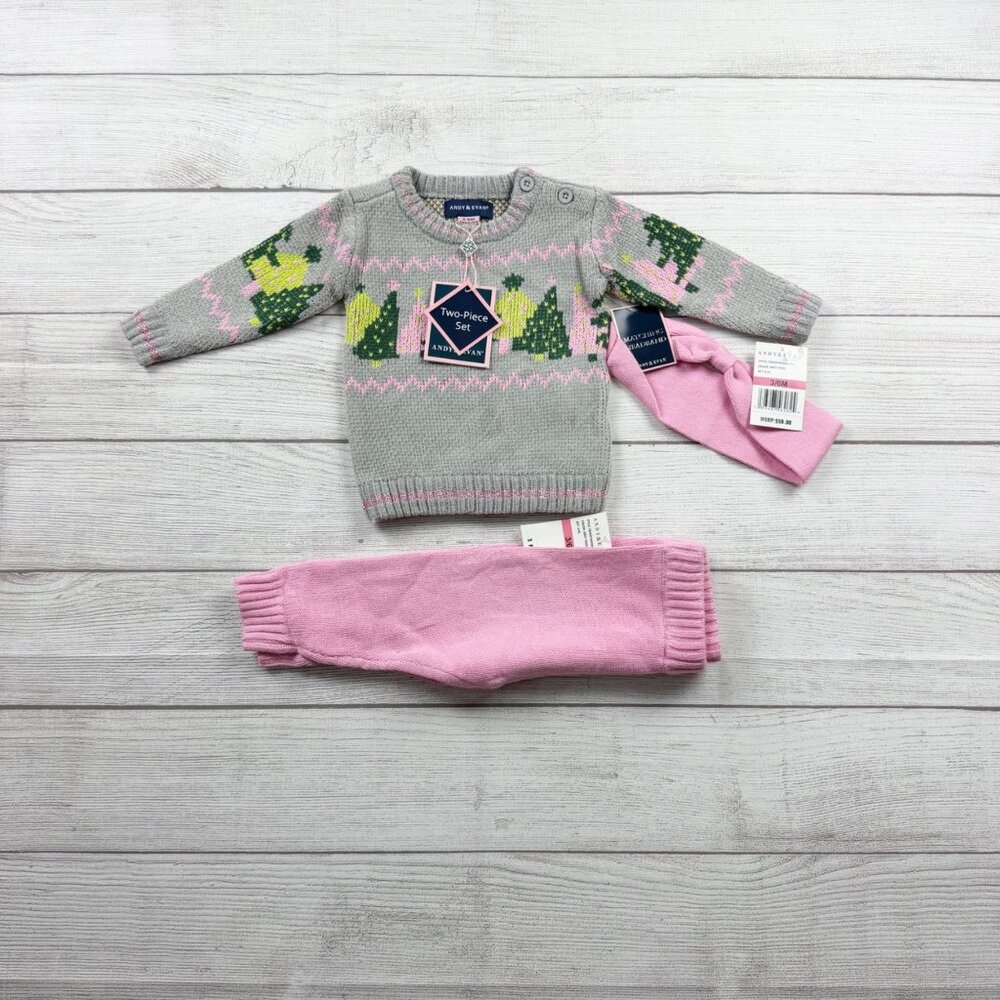 Andy & Evan Baby Girl Set Knit Pants Fair Isle Tree Sweater NWT 3-6 Months